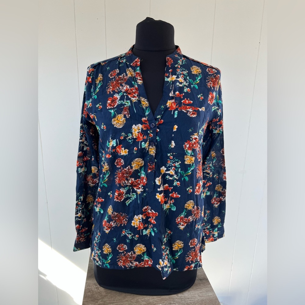 Sfera Basic Navy Blue & Floral Popover Blouse S